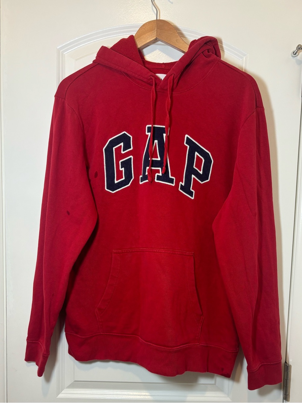 GAP Men's Red Crewneck Hoodie with Navy Logo